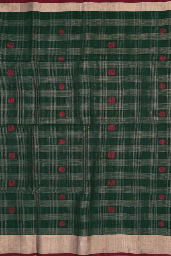 Kora Silk Cotton Saree In Forest Green With Checks Design