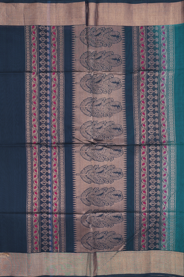 Kora Silk Cotton Saree In Teal Blue With Allover Buttas