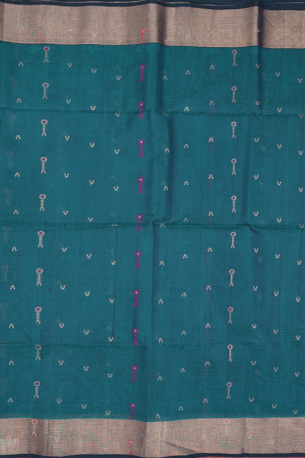 Kora Silk Cotton Saree In Teal Blue With Allover Buttas