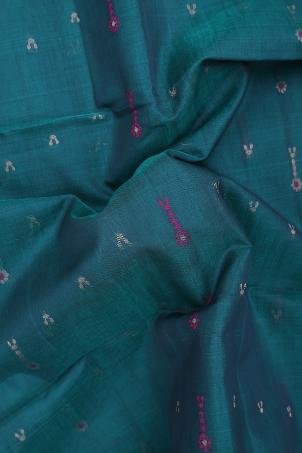 Kora Silk Cotton Saree In Teal Blue With Allover Buttas
