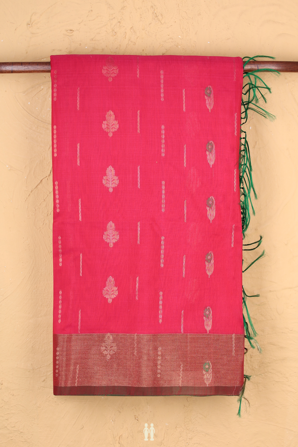 Kora Silk Cotton Saree In Rani Pink With Floral Buttas