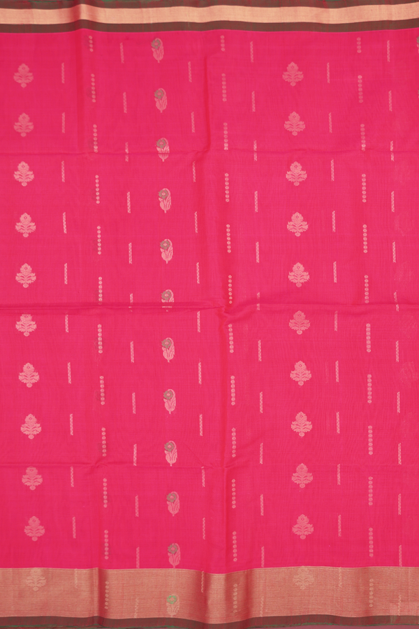 Kora Silk Cotton Saree In Rani Pink With Floral Buttas