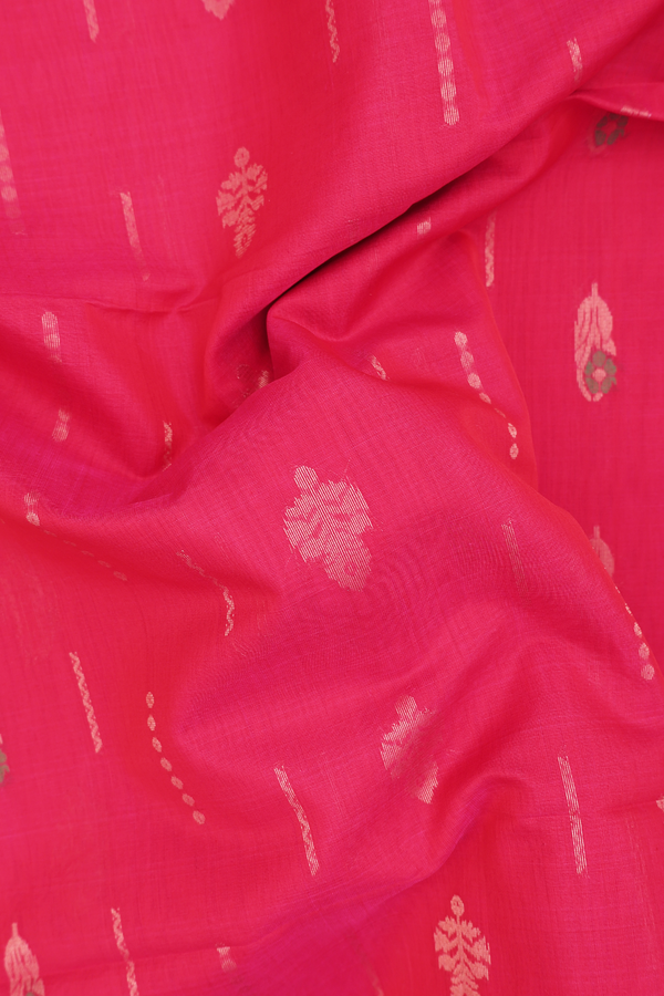 Kora Silk Cotton Saree In Rani Pink With Floral Buttas