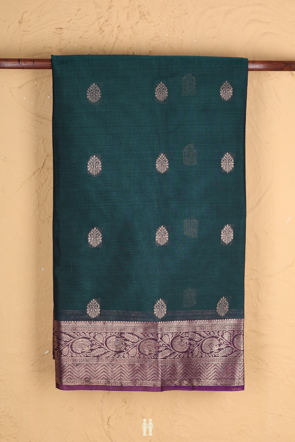 Kora Silk Cotton Saree In Teal Blue With Zari Buttas