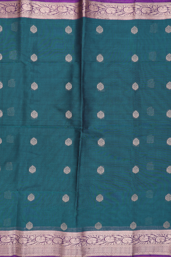 Kora Silk Cotton Saree In Teal Blue With Zari Buttas