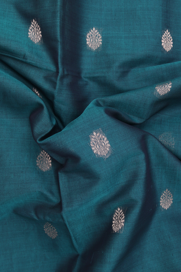 Kora Silk Cotton Saree In Teal Blue With Zari Buttas