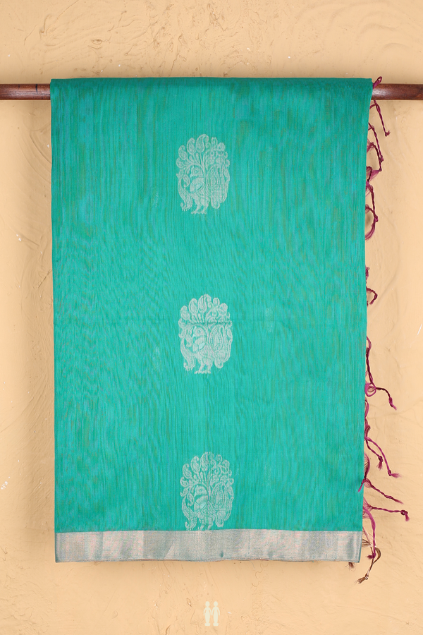 Kora Silk Cotton Saree In Sea Green With Peacock Motifs