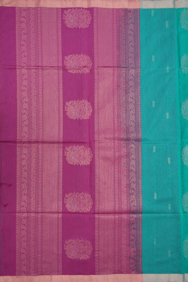 Kora Silk Cotton Saree In Sea Green With Peacock Motifs