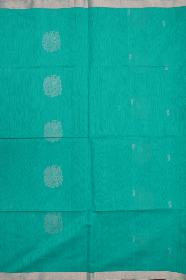 Kora Silk Cotton Saree In Sea Green With Peacock Motifs