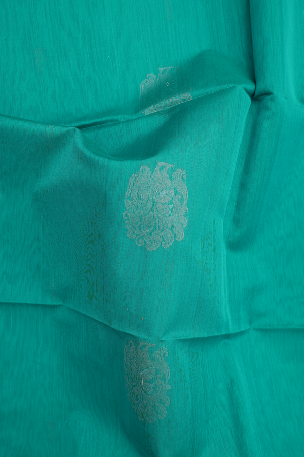 Kora Silk Cotton Saree In Sea Green With Peacock Motifs