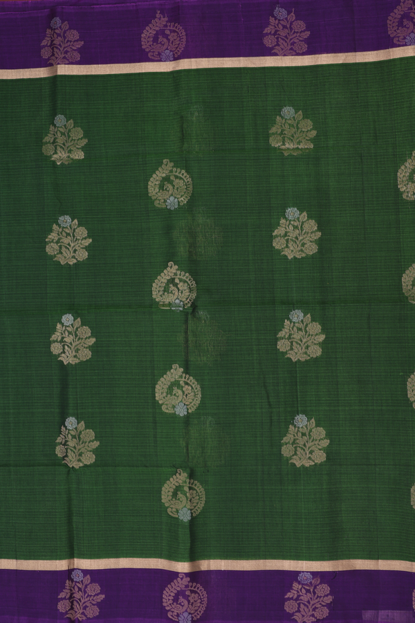 Kora Silk Cotton Saree In Olive Green With Floral Motifs