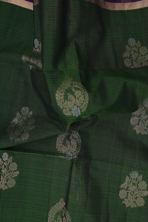 Kora Silk Cotton Saree In Olive Green With Floral Motifs