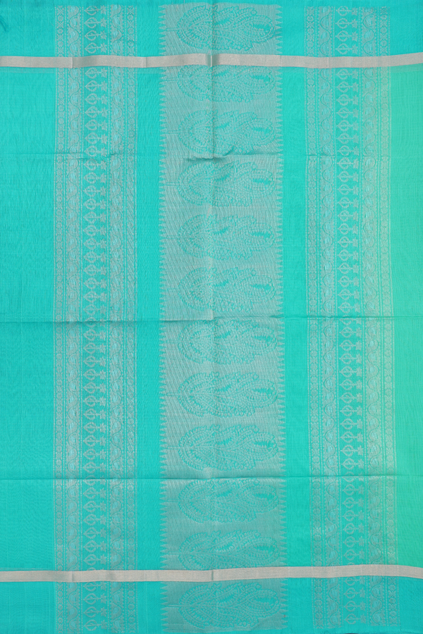 Kora Silk Cotton Saree In Seafoam Green With Floral Motifs