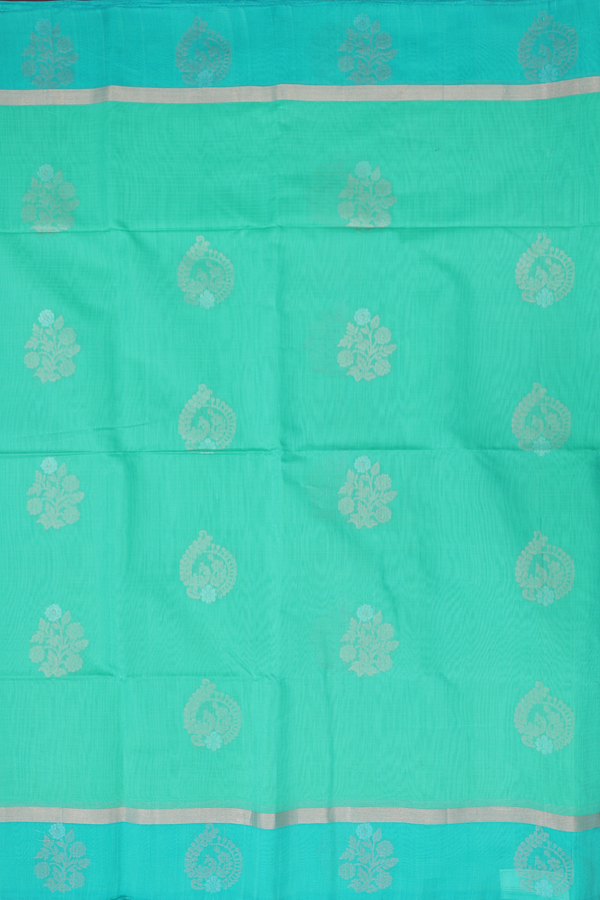 Kora Silk Cotton Saree In Seafoam Green With Floral Motifs