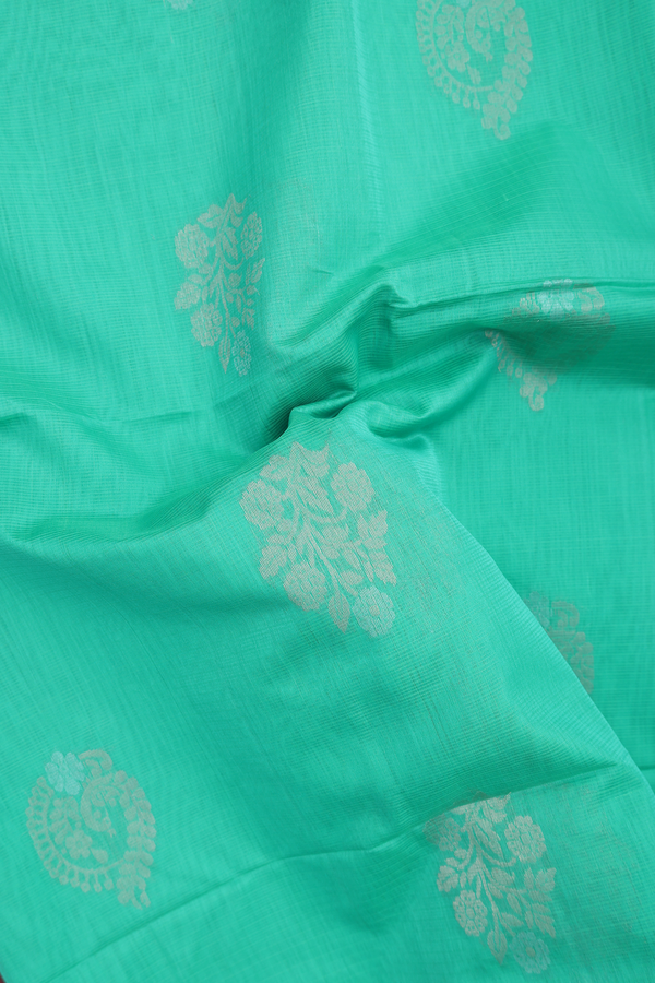 Kora Silk Cotton Saree In Seafoam Green With Floral Motifs