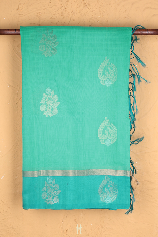Kora Silk Cotton Saree In Seafoam Green With Floral Motifs