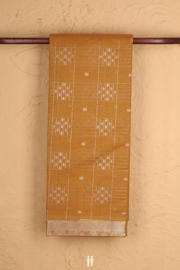Kora Silk Cotton Saree In Ochre Orange With Checks Design