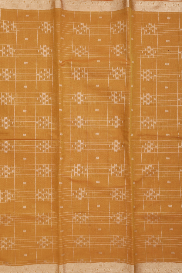 Kora Silk Cotton Saree In Ochre Orange With Checks Design