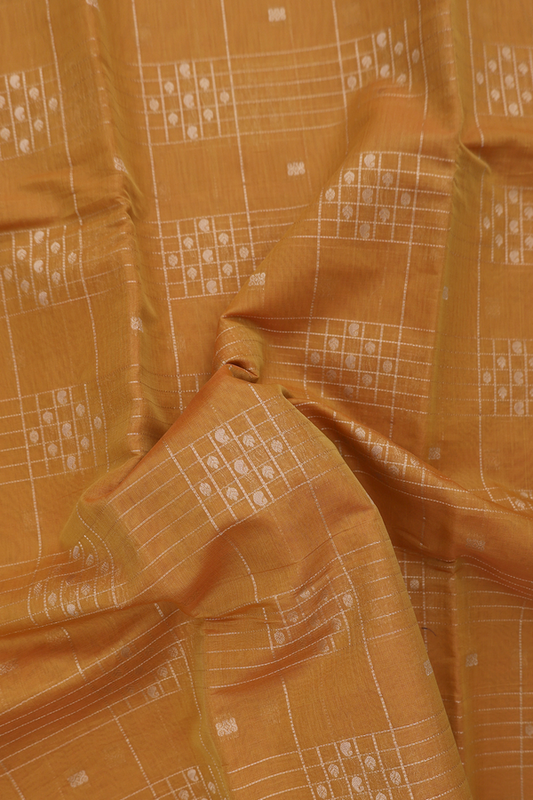 Kora Silk Cotton Saree In Ochre Orange With Checks Design