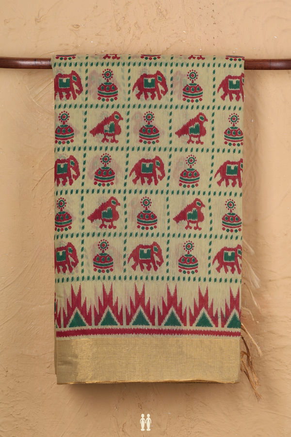 Kora Silk Cotton Saree Light Yellow With Elephant Design