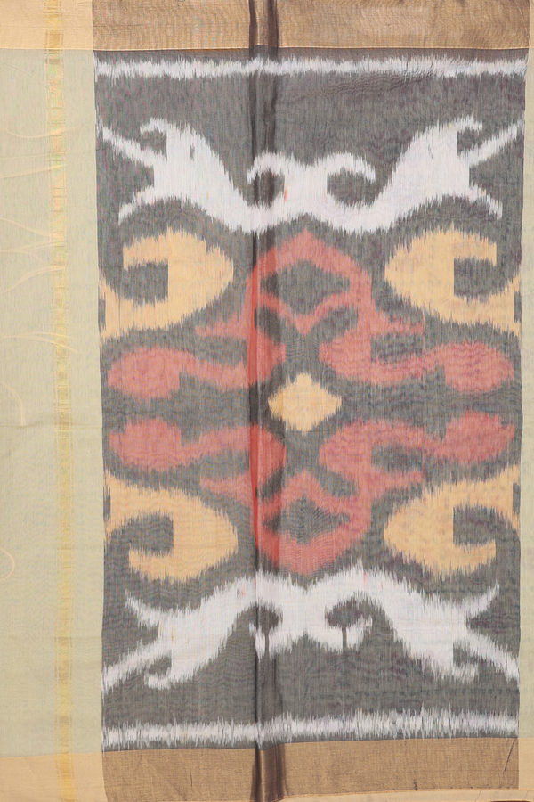 Kora Silk Cotton Saree Light Yellow With Elephant Design