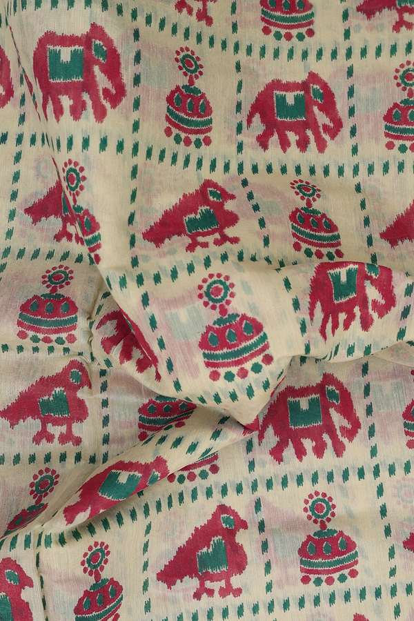 Kora Silk Cotton Saree Light Yellow With Elephant Design
