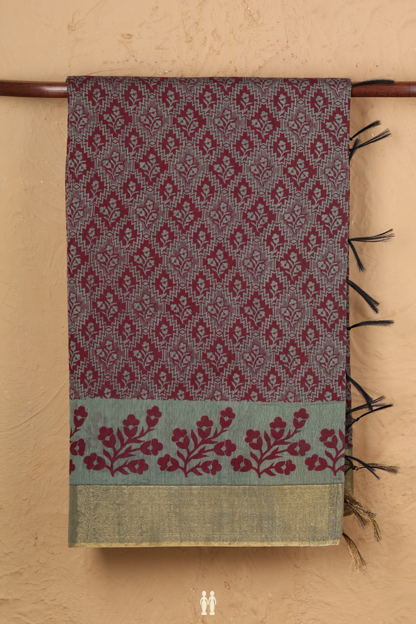 Kora Silk Cotton Saree In Red With Floral Design