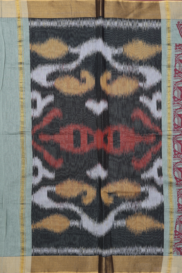 Kora Silk Cotton Saree In Red With Leaf Design