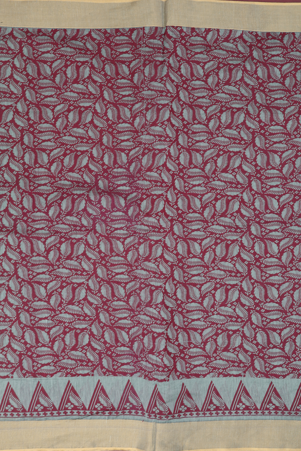 Kora Silk Cotton Saree In Red With Leaf Design