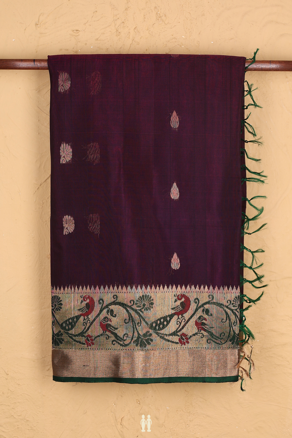 Kora Silk Cotton Saree In Plum Purple With Floral Buttas