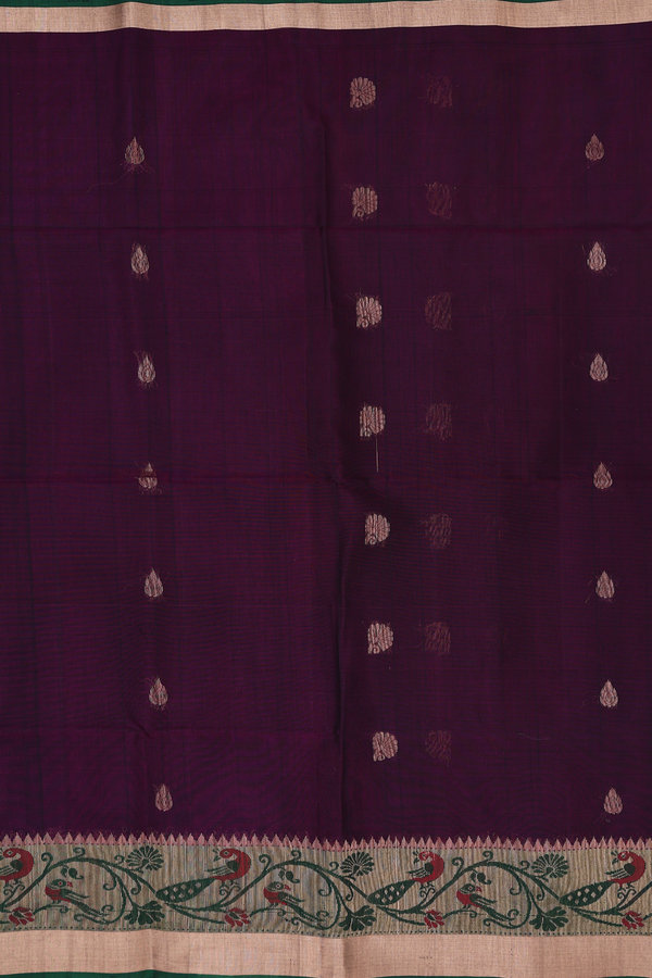 Kora Silk Cotton Saree In Plum Purple With Floral Buttas