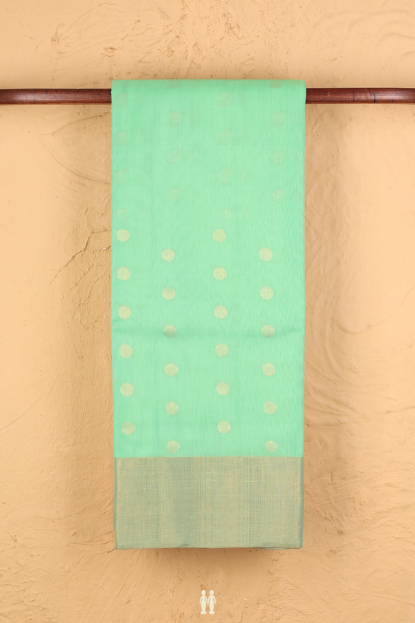 Kora Silk Cotton Saree In Mint Green With Allover Buttas