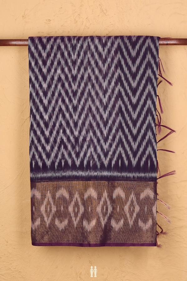 Kora Silk Cotton Saree In Deep Purple With Chevron Design