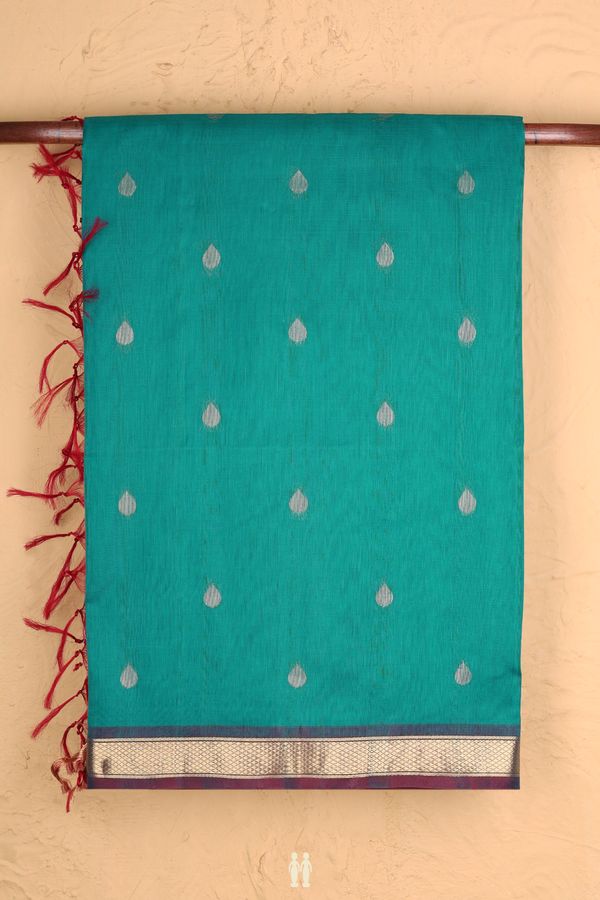 Kora Silk Cotton Saree In Greenish Blue With Thilagam Buttas