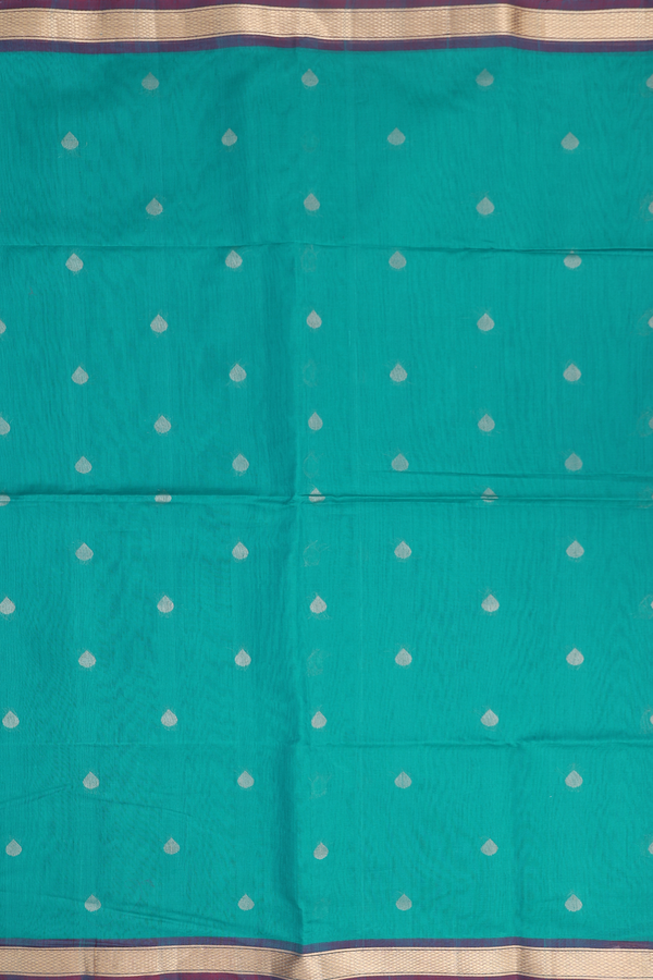 Kora Silk Cotton Saree In Greenish Blue With Thilagam Buttas