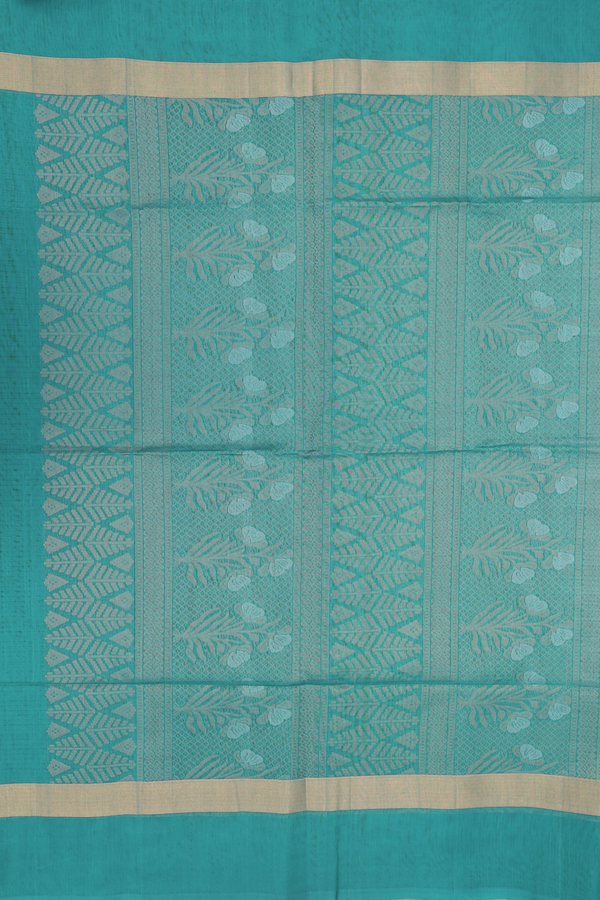 Kora Silk Cotton Saree In Green With Floral Motifs