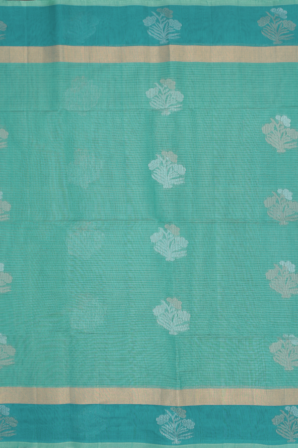 Kora Silk Cotton Saree In Green With Floral Motifs