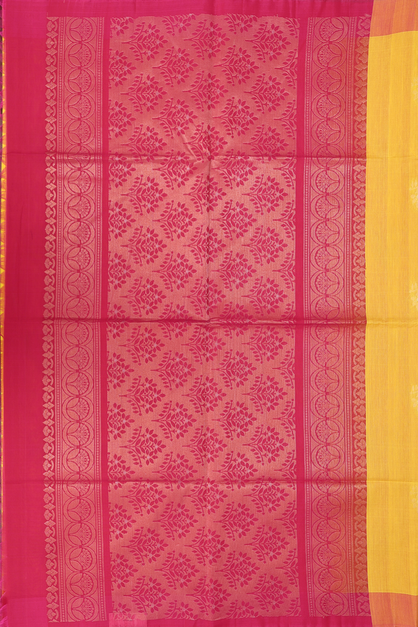 Kora Silk Cotton Saree In Bright Yellow With Floral Motifs