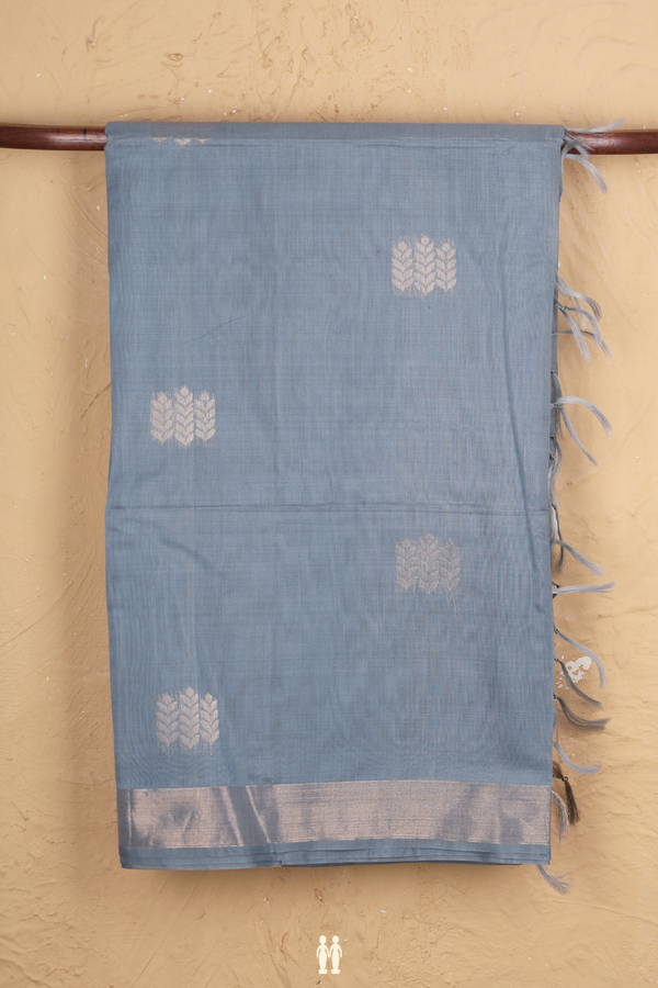 Kora Silk Cotton Saree In Pigeon Blue With Zari Buttas
