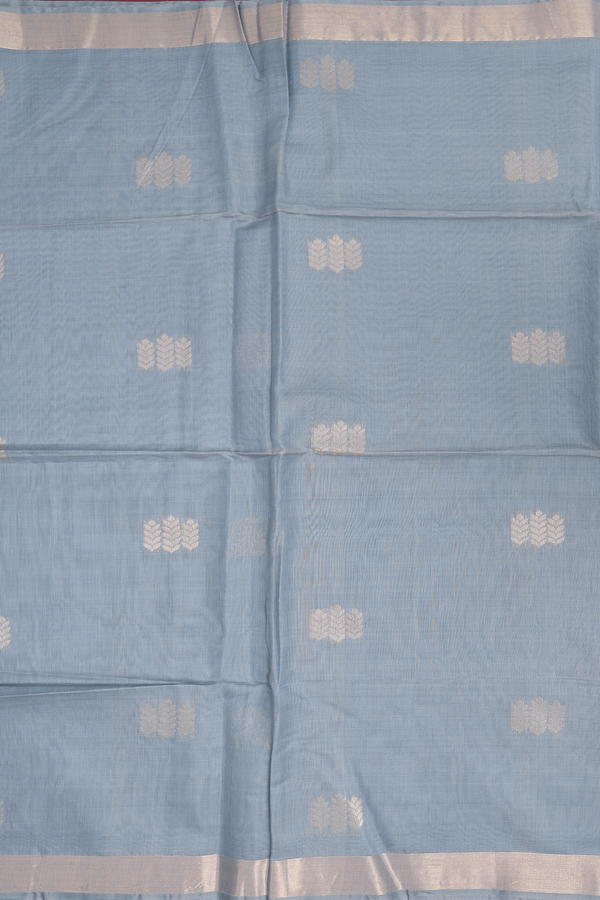 Kora Silk Cotton Saree In Pigeon Blue With Zari Buttas