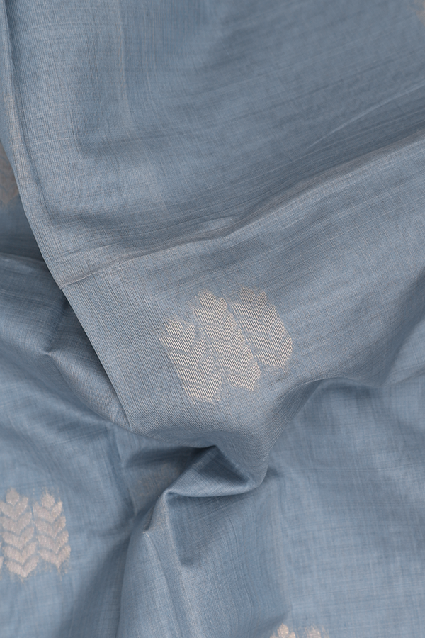 Kora Silk Cotton Saree In Pigeon Blue With Zari Buttas