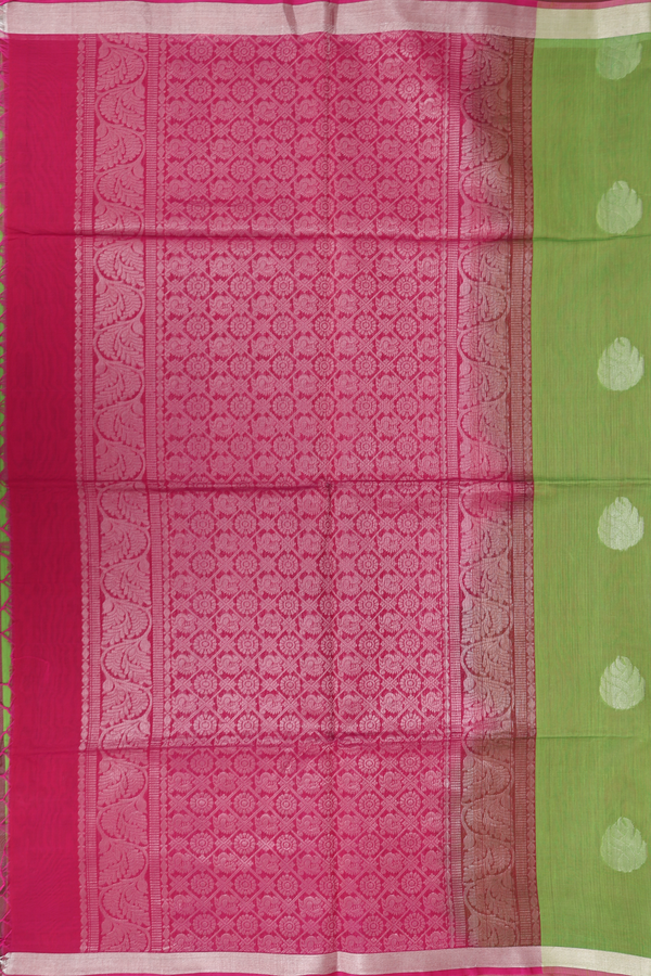Kora Silk Cotton Saree In Parrot Green With Floral Buttas
