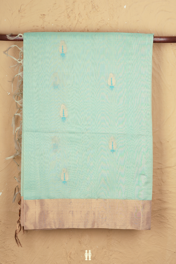 Kora Silk Cotton Saree In Mint Green With Zari Buttas