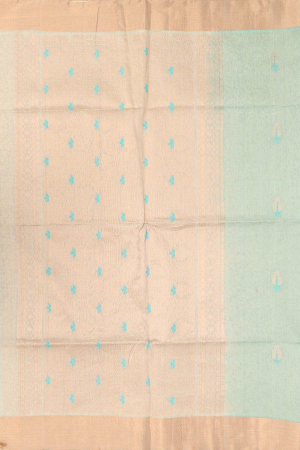 Kora Silk Cotton Saree In Mint Green With Zari Buttas