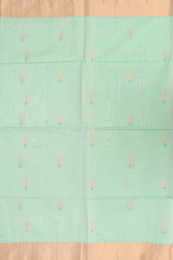 Kora Silk Cotton Saree In Mint Green With Zari Buttas