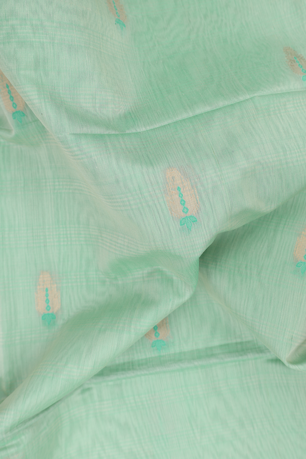Kora Silk Cotton Saree In Mint Green With Zari Buttas