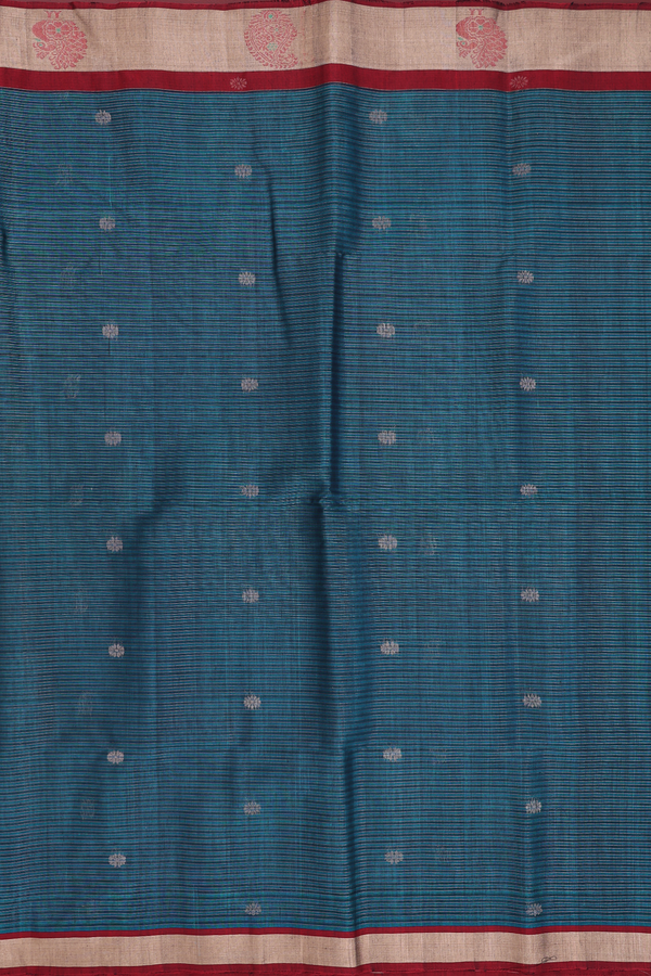 Kora Silk Cotton Saree In Teal Blue With Stripes Design
