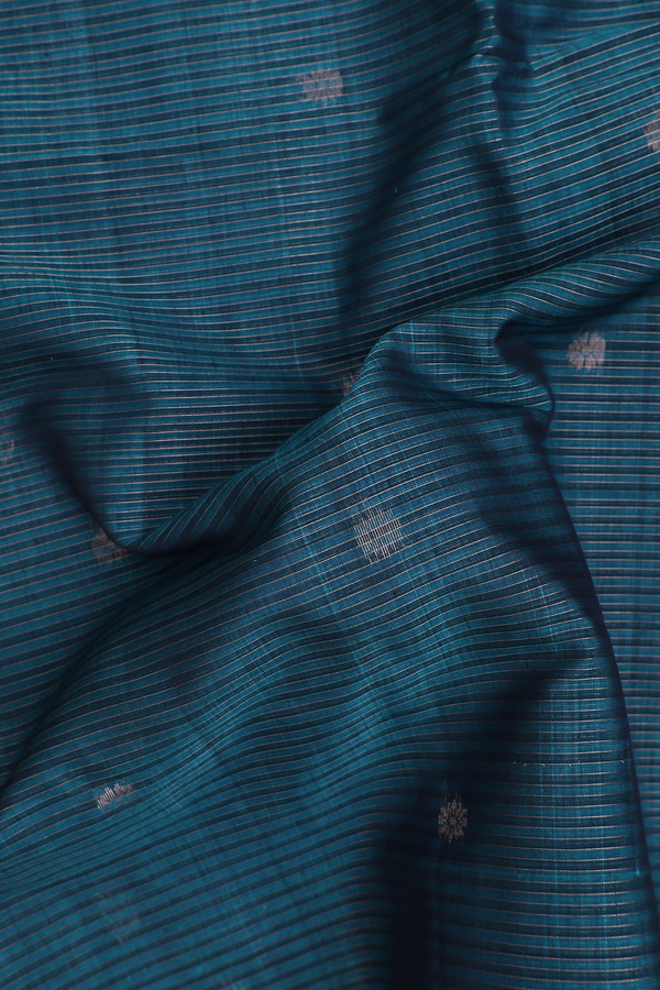 Kora Silk Cotton Saree In Teal Blue With Stripes Design