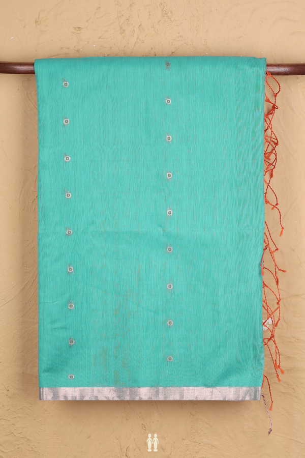 Kora Silk Cotton Saree In Light Blue With Floral Buttis