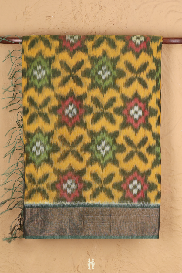 Kora Silk Cotton Saree In Yellow With Ikat Design